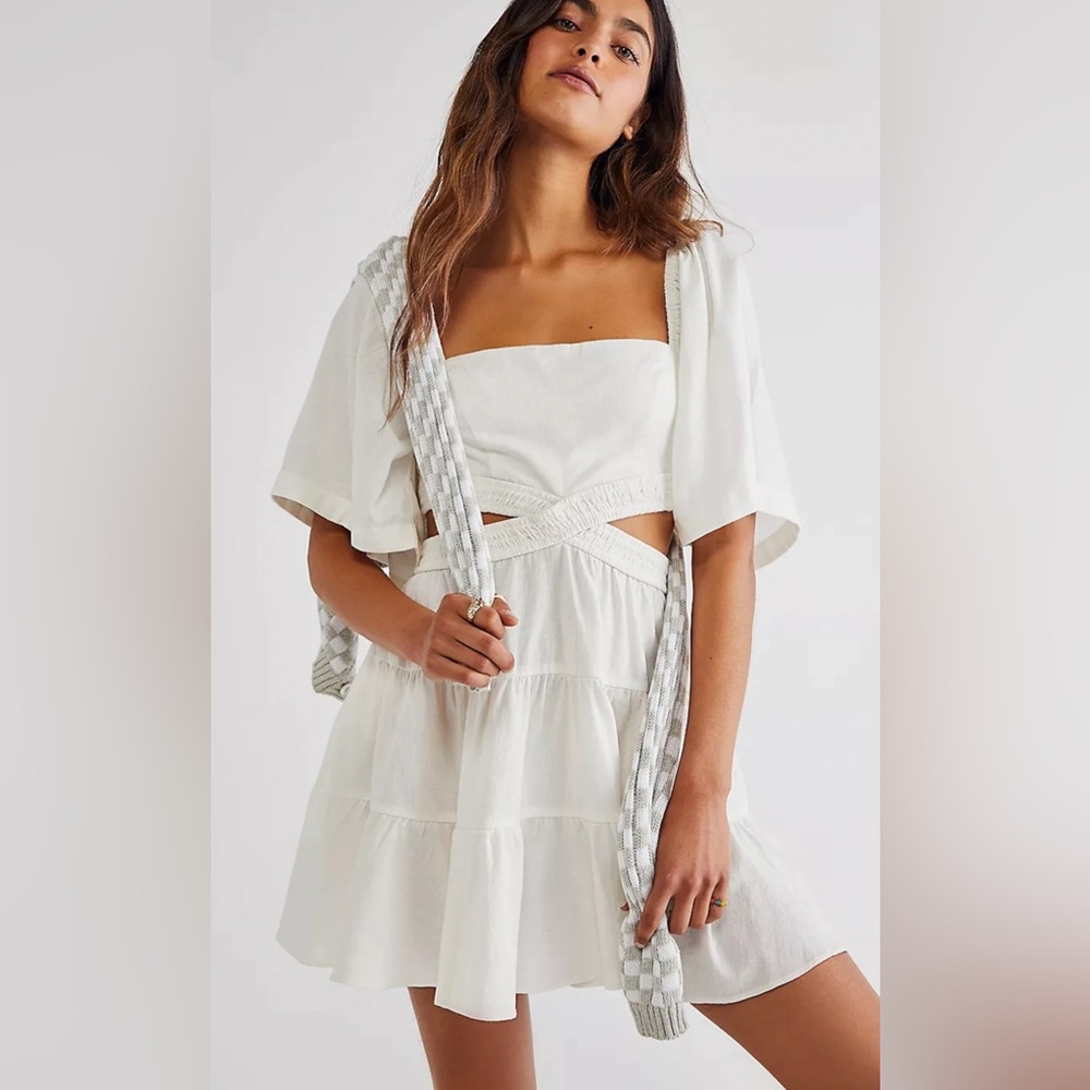 FREE PEOPLE CROSS OF SUNLIGHT MINI DRESS IN IVORY. SIZE S